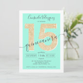 Chic gold glitter script mint quinceanera foto kaart (Staand voorkant)