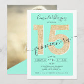 Chic gold glitter script mint quinceanera foto kaart (Voorkant / Achterkant)