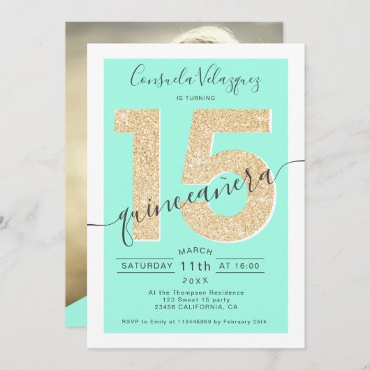 Chic gold glitter script mint quinceanera foto kaart (Voorkant / Achterkant)