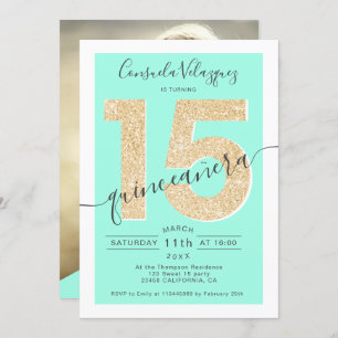 Chic gold glitter script mint quinceanera foto kaart
