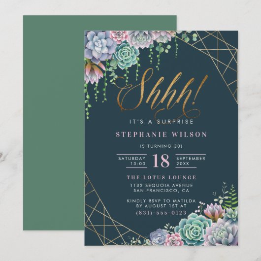 Chic Gold Glitter Script Surprise Birthday Party Kaart (Voorkant / Achterkant)