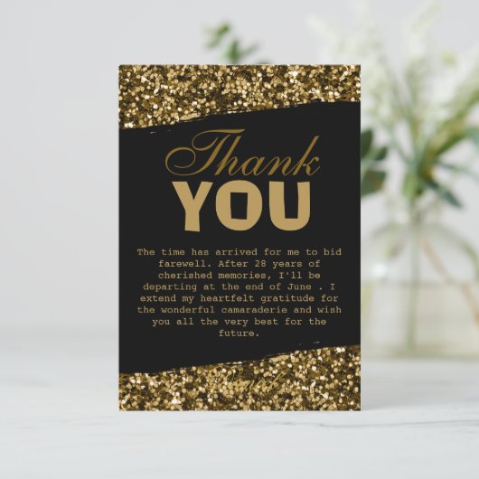 Chic Gold Glitter Sparkles Retirement Party 2025 Bedankkaart (Staand voorkant)