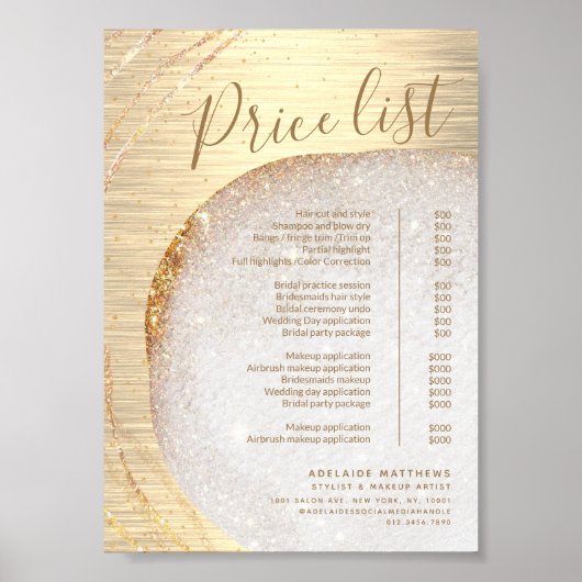 Chic Gold Glitter Stylist Salon Price List Service Poster (Voorkant)