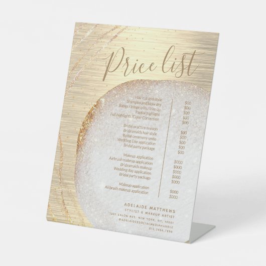 Chic Gold Glitter Stylist Salon Price List Service Reclamebord Met Voetstuk (Voorkant)
