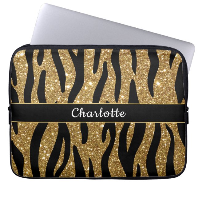 Chic Gold Glitter Tiger Stripe Laptop Sleeve (Voorkant)