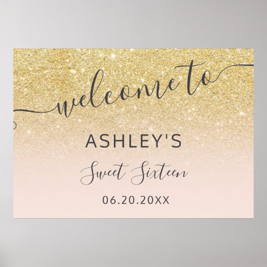 Chic gold glitter welkome zwarte roze 16 poster (Voorkant)