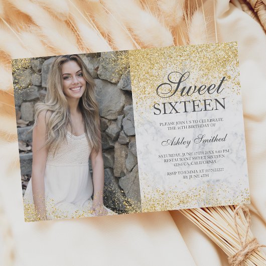 Chic gold glitter white marble foto Sweet 16 Kaart
