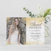 Chic gold glitter white marble foto Sweet 16 Kaart (Staand voorkant)