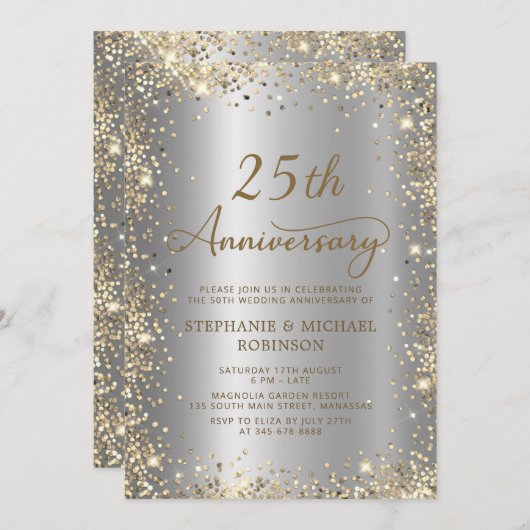 Chic Gold Glitter Zilver 25e bruiloft Jubileum Kaart (Voorkant / Achterkant)
