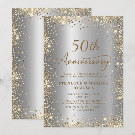 Chic Gold Glitter Zilver 50ste bruiloft Jubileum Kaart (Voorkant / Achterkant)