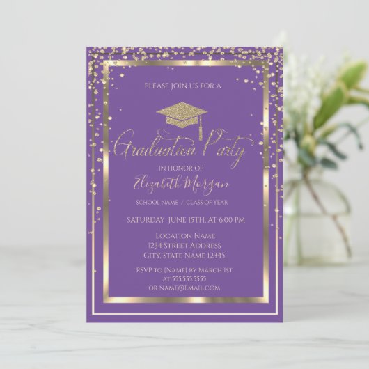 Chic Gold Gradup Violet Afstuderen Kaart (Staand voorkant)