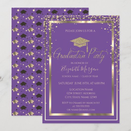 Chic Gold Gradup Violet Afstuderen Kaart (Voorkant / Achterkant)