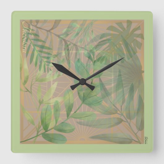 Chic Gold Green Leaf Abstract Gold Pattern Vierkante Klok (Voorkant)