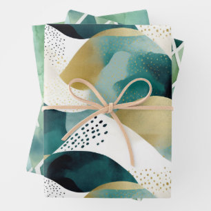 Chic Gold Green White Abstract Inpakpapier Vel