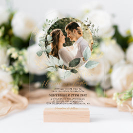 Chic Gold Greenery Eucalyptus Photo Wedding Arch Acryl Uitnodigingen