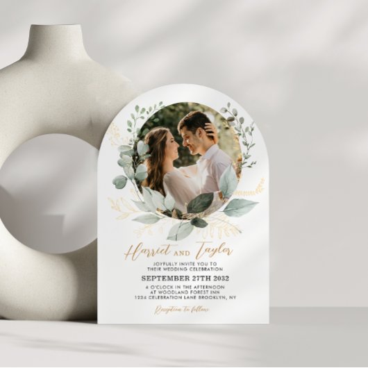 Chic Gold Greenery Eucalyptus Photo Wedding Arch Kaart