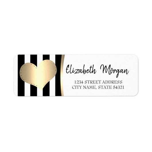 Chic Gold Hart,Zwarte Strepen Adreslabel Etiket (Voorkant)