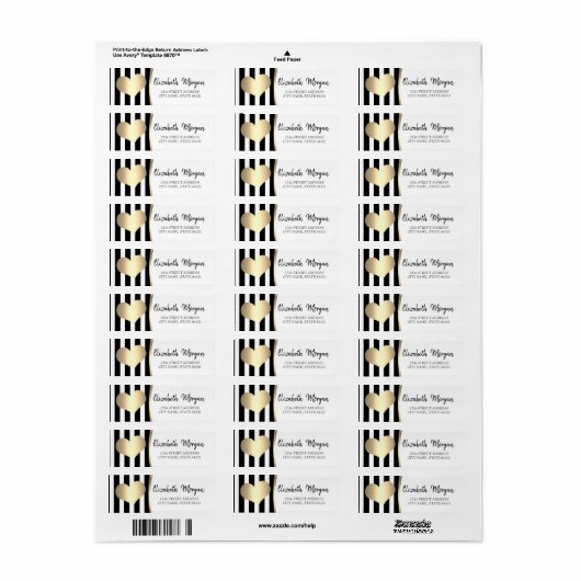 Chic Gold Heart, Black Stripes Address Label (Full Sheet)