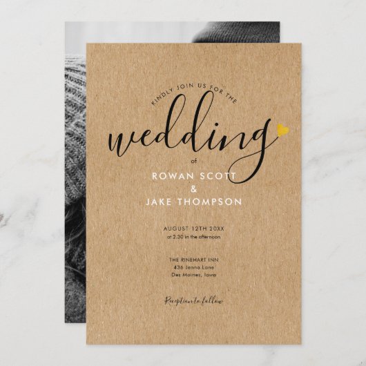 Chic Gold Heart Rustic Kraft Photo Wedding Kaart (Voorkant / Achterkant)