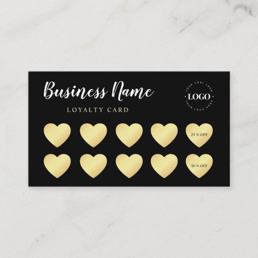 Chic Gold Heart Simple Black Custom Business Logo Klantenkaartje (Voorkant)