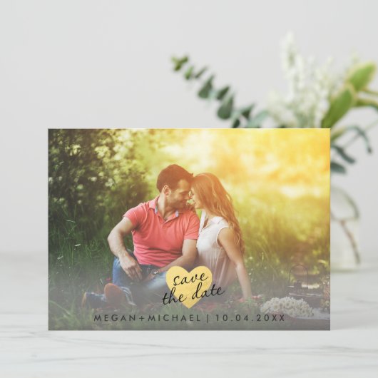 Chic Gold Heart Sla de datum-fotokaart op Save The Date (Staand voorkant)