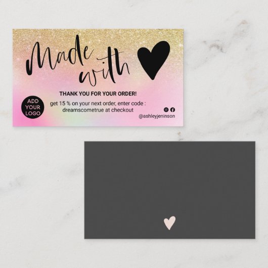 Chic gold holographic Bedankt dat je verliefd bent Visitekaartje (Voorkant / Achterkant)