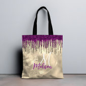 Chic gold, hot roze paarse glitter druppelt monogr tote bag