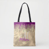 Chic gold, hot roze paarse glitter druppelt monogr tote bag (Voorkant)