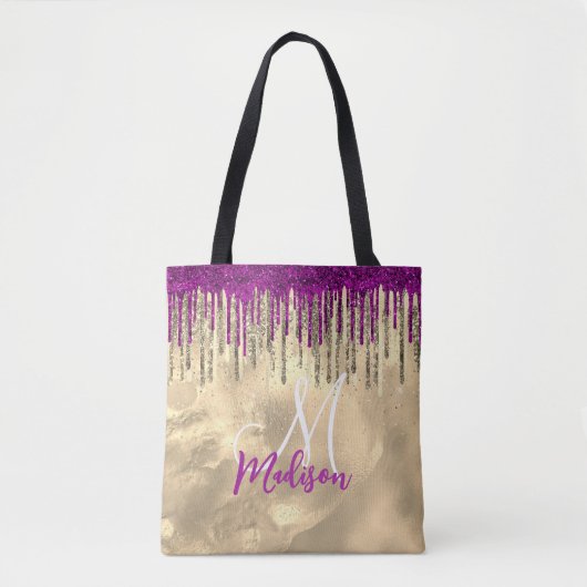 Chic gold, hot roze paarse glitter druppelt monogr tote bag (Voorkant)
