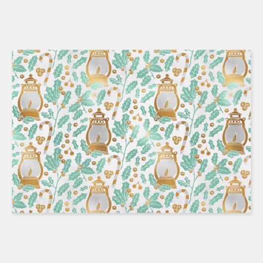 Chic Gold Lantern & Holly Wrapping Paper Sheets (Voorkant)