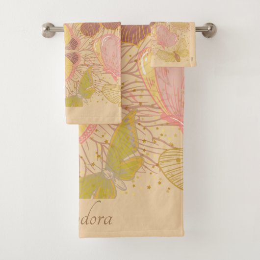 Chic Gold Leaf en Butterfly Pink Background Bad Handdoek (Insitu)