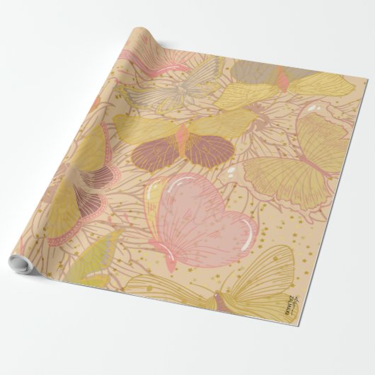Chic Gold Leaf en Butterfly Pink Background Cadeaupapier (Uitgerold)