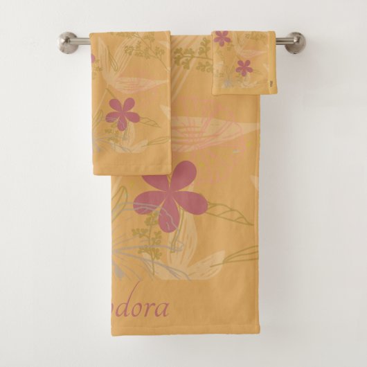 Chic Gold Leaf Flower Peach Violet Patroon Bad Handdoek (Insitu)