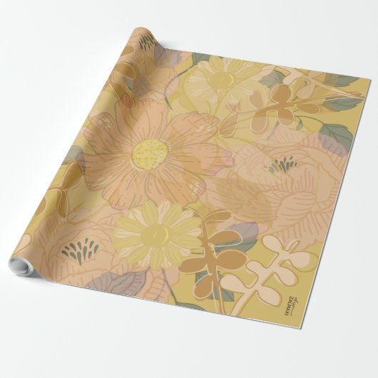 Chic Gold Leaf Violet Floral achtergrond Cadeaupapier (Uitgerold)