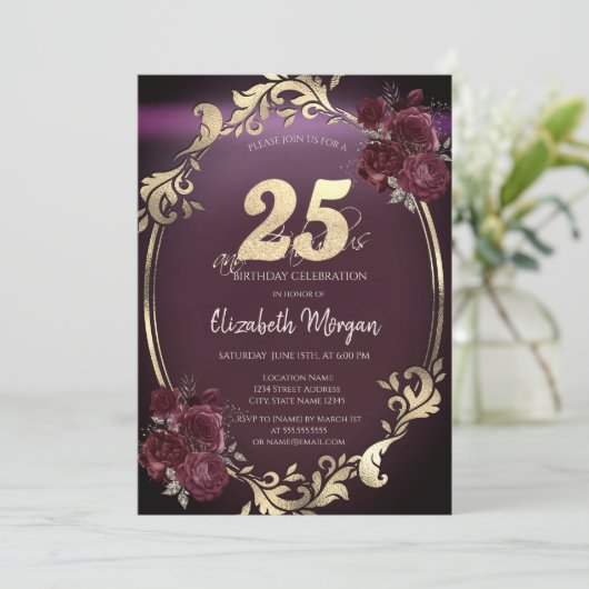 Chic Gold Lijst Bourgogne Rozen 25e verjaardag Kaart (Staand voorkant)