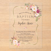 Chic Gold Lijst Roze Blush Flowers Meisje Doop Acryl Uitnodigingen (Voorkant)
