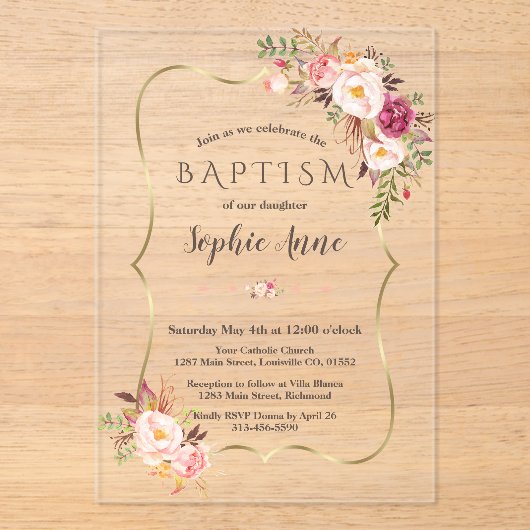 Chic Gold Lijst Roze Blush Flowers Meisje Doop Acryl Uitnodigingen (Voorkant)