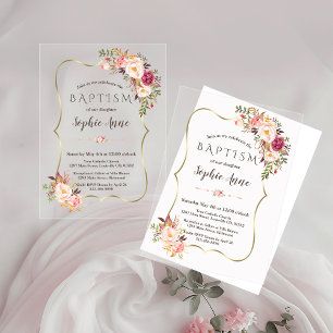 Chic Gold Lijst Roze Blush Flowers Meisje Doop Acryl Uitnodigingen