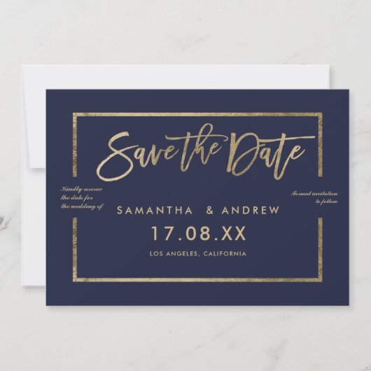 Chic gold lijst script navy blue save the date (Voorkant)