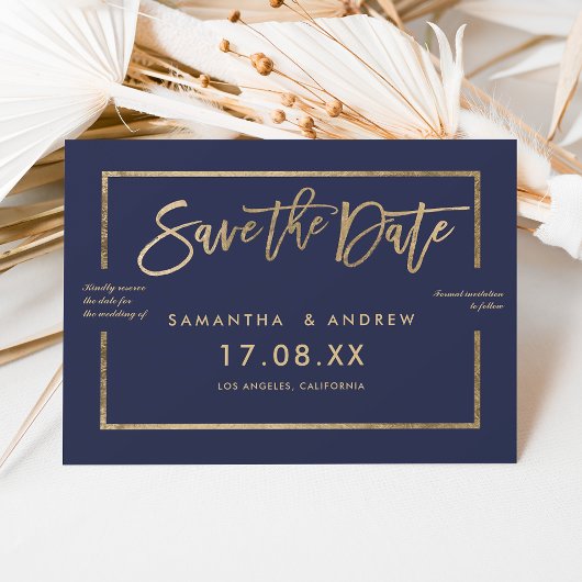Chic gold lijst script navy blue save the date