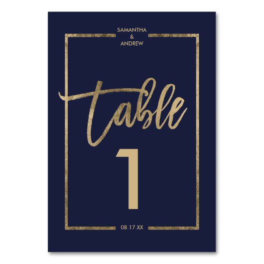 Chic gold lijst script navy blue table number kaart (Achterkant)