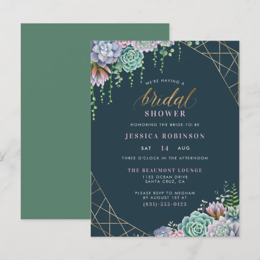 Chic Gold Lijst & Script Succulents Vrijgezellenfe Uitnodiging Briefkaart (Voorkant / Achterkant)