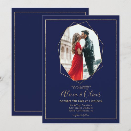 Chic gold lijst terrarium navy blue fotobruiloft kaart (Voorkant / Achterkant)