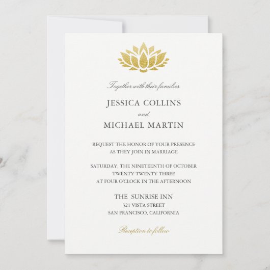 Chic Gold Lotus Flower Custom Wedding Invitation Kaart (Voorkant)