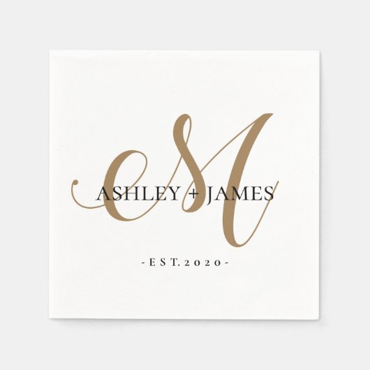 Chic Gold M Monogram Script Name Weduwdate Servet (Voorkant)