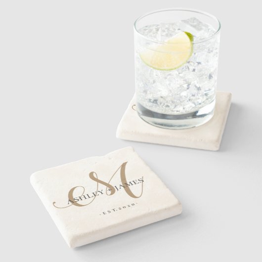 Chic Gold M Monogram Script Name Weduwdate Stenen Onderzetter (Zijkant)