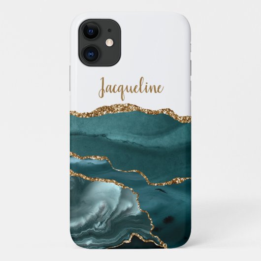 Chic Gold Marble Geode Blauwgroen Blue Modern Name Case-Mate iPhone Case (Achterkant)