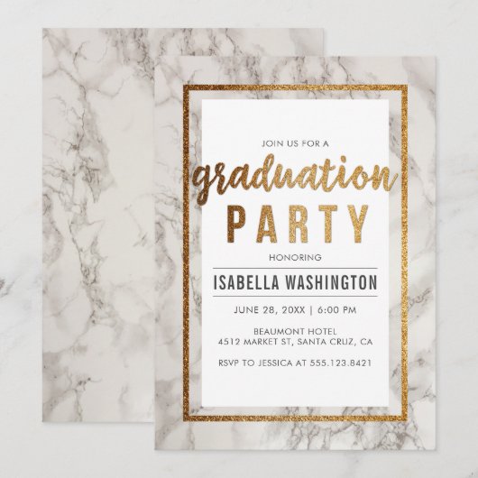 Chic Gold & Marble Typography Afstudeerfeest Kaart (Voorkant / Achterkant)