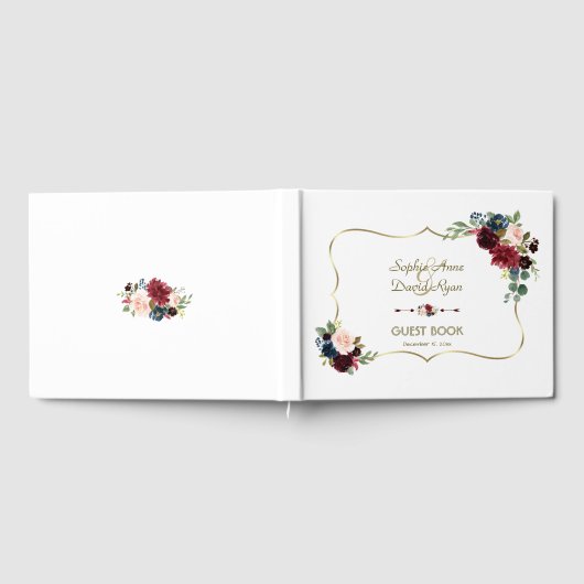 Chic Gold Merlot Navy Blue Floral Wedding Gastenboek (Volledig)