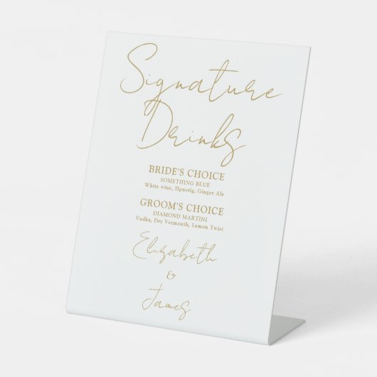 Chic Gold Minimalist Script Signature Drinken Reclamebord Met Voetstuk (Voorkant)